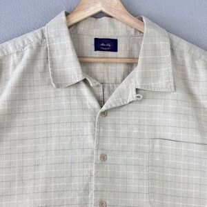 Allen Solly Irish Linen Camp Shirt Men 3X Beige Plaid Short Sleeve Loop Collar